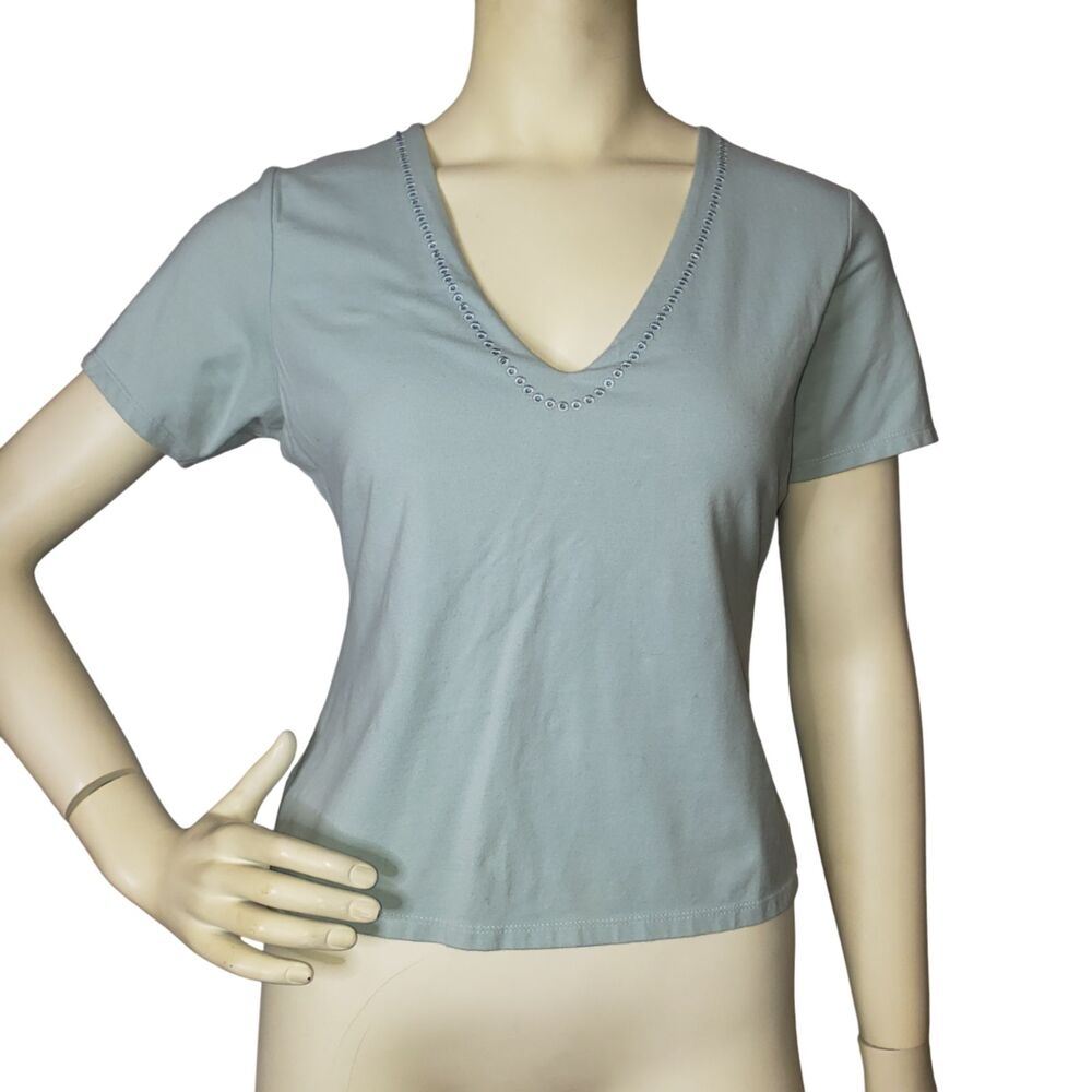 MODA INTERNATIONAL Blue V Neck Cropped Bra T Shirt Womens Size Large
